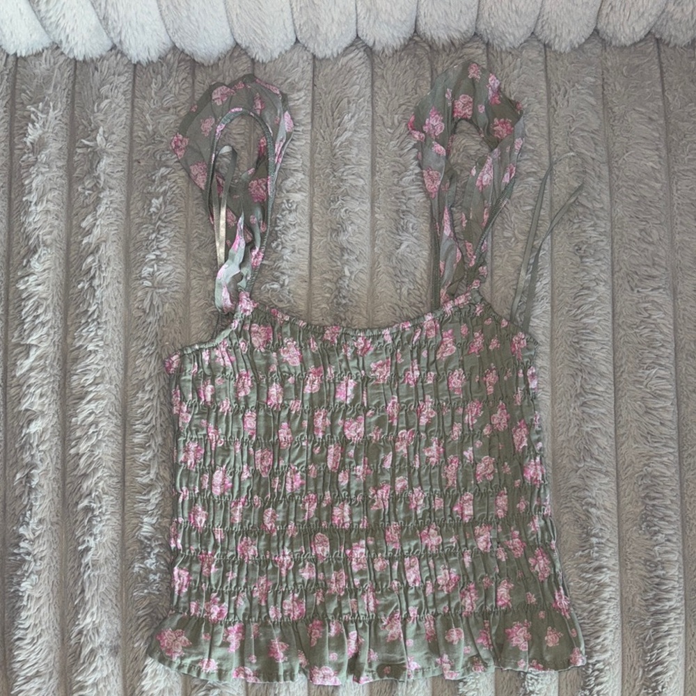 Victorias Secret Pink Smocked Floral Tie-Strap Tank Top - Olive Green & Pink